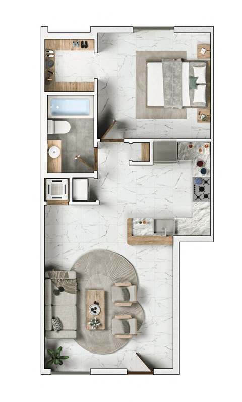 A top-down view of a house layout with a kitchen, living room, and bathroom.